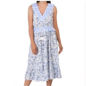 Magari blue white floral contrast print ruffle Made in Italy Midi Dress